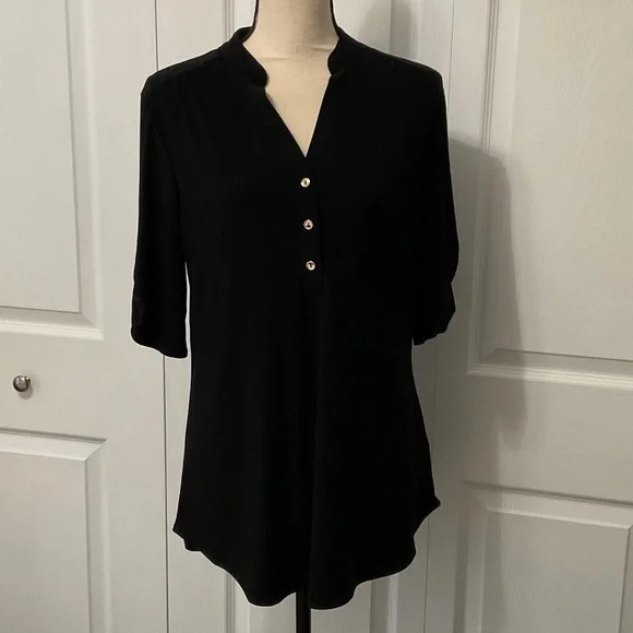 PerSeption Concept Black V-Neck Shirt with Gold Buttons, Large - Picture 1 of 8